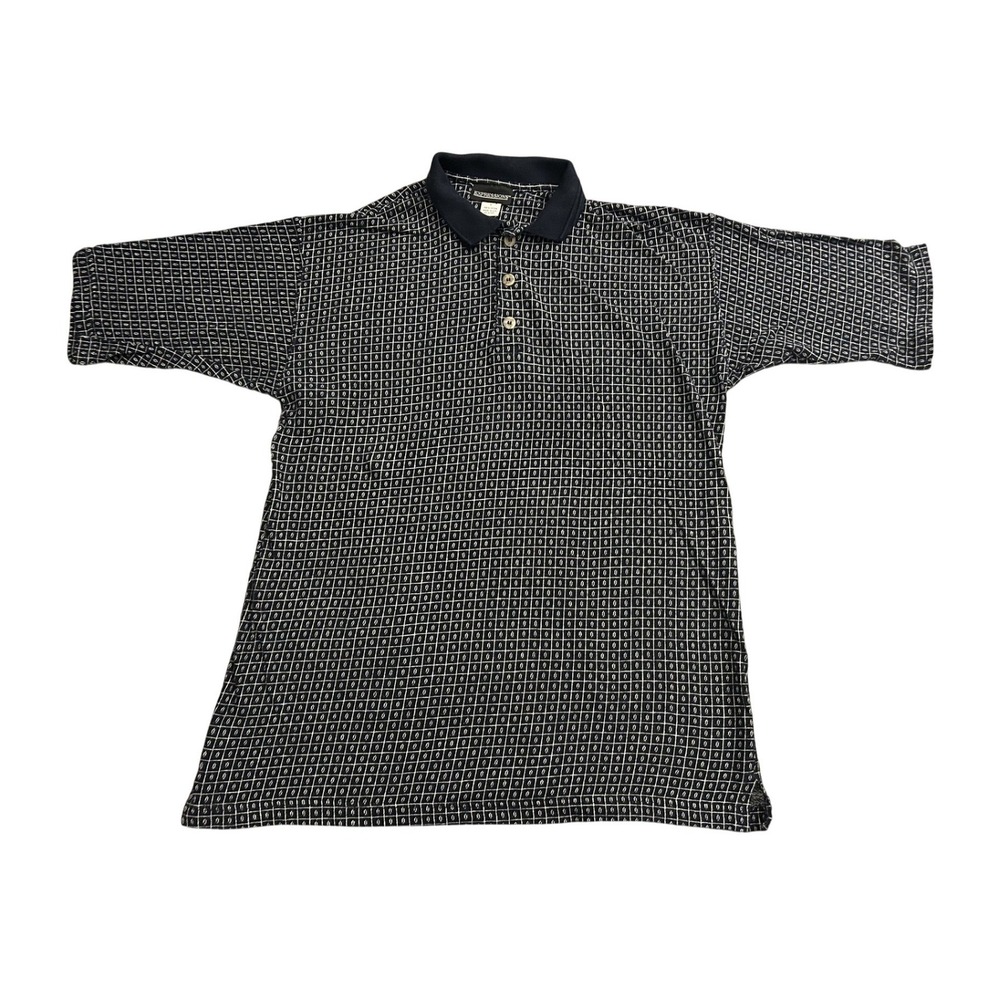 Expressions‎ Polo Shirt Mens Large Navy Blue Excellent Geometric Grid USA Made